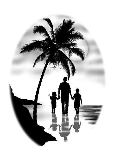 a man and two children are walking on the beach with a palm tree in silhouette