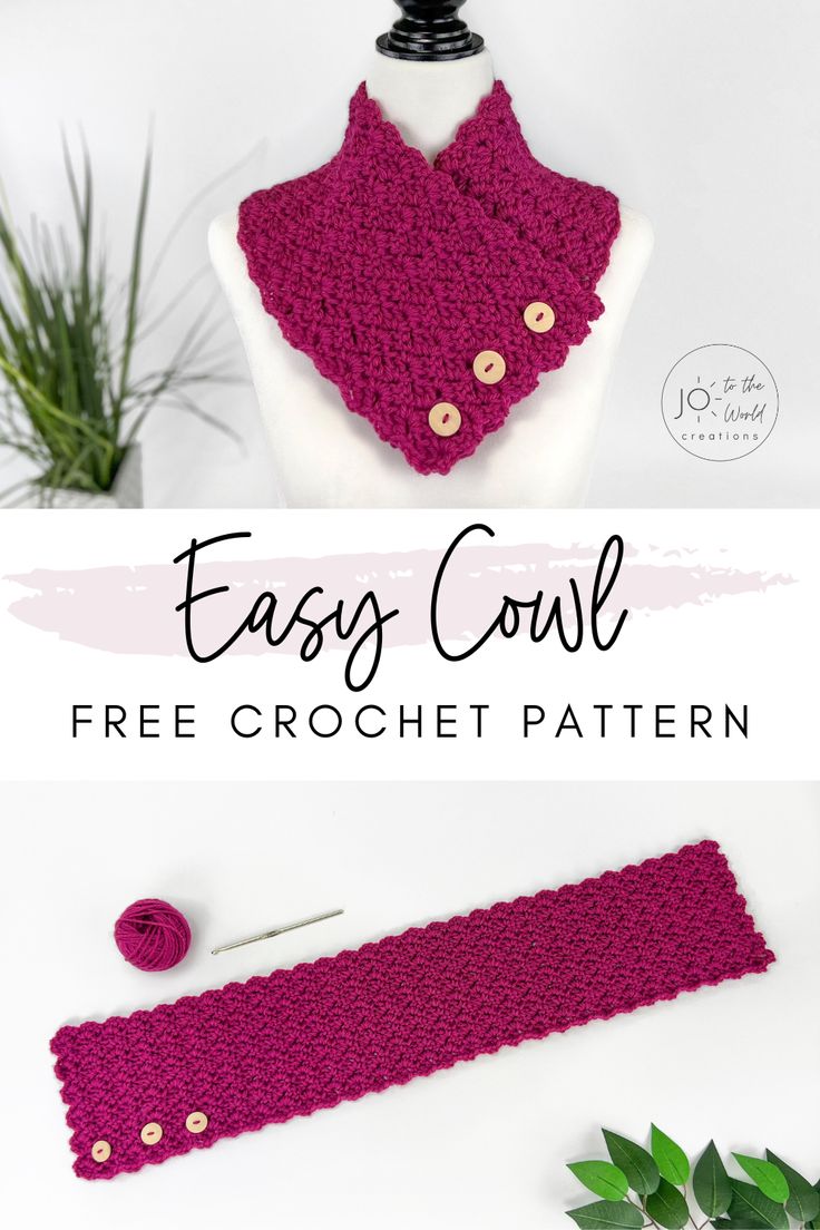 the easy crochet cowl pattern is shown with buttons and yarn on it