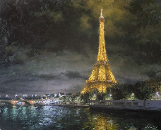 a painting of the eiffel tower lit up at night