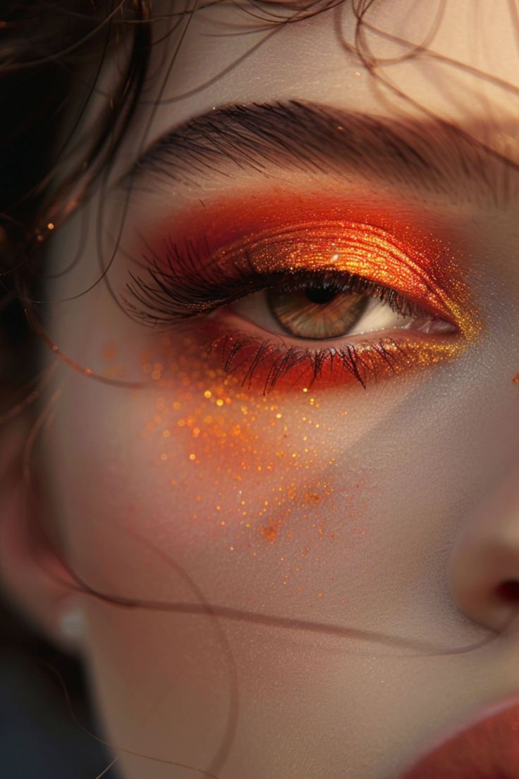 Fall Makeup Eye Looks, Fire Fairy Makeup Ideas, Orange Rave Makeup Looks, Orange And Red Eyeshadow, Fire Inspired Eye Makeup, Fire Eye Makeup Look, Orange Red Makeup Look, Red Orange Eyeshadow, Fire Eyeshadow Looks