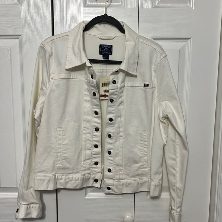 White Denim Jacket By Lucky Brand With Some Stretch, Snaps And No Chest Pockets. The Jacket Is Not Bright White, It Is A Little Bit Off White. I Have It Pictured Against A White Door To See The Difference. Casual White Utility Jacket With Button Closure, White Casual Utility Jacket With Relaxed Fit, White Utility Jacket For Everyday Spring Wear, White Casual Utility Jacket For Work, Casual White Utility Jacket With Relaxed Fit, Everyday White Button-up Utility Jacket, White Button-up Utility Jacket For Everyday, White Denim Jacket With Snap Buttons For Work, Everyday White Cotton Utility Jacket