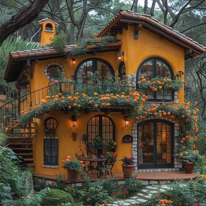 a yellow house with lots of flowers growing on it