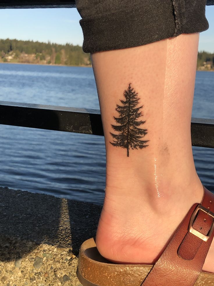 a small pine tree tattoo on the ankle by the water's edge with a brown sandal