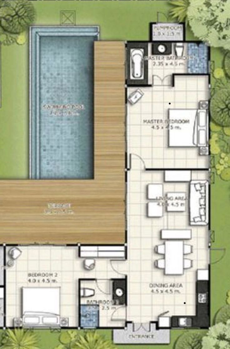 the floor plan of a house with pool and patio area in front of it, surrounded by greenery