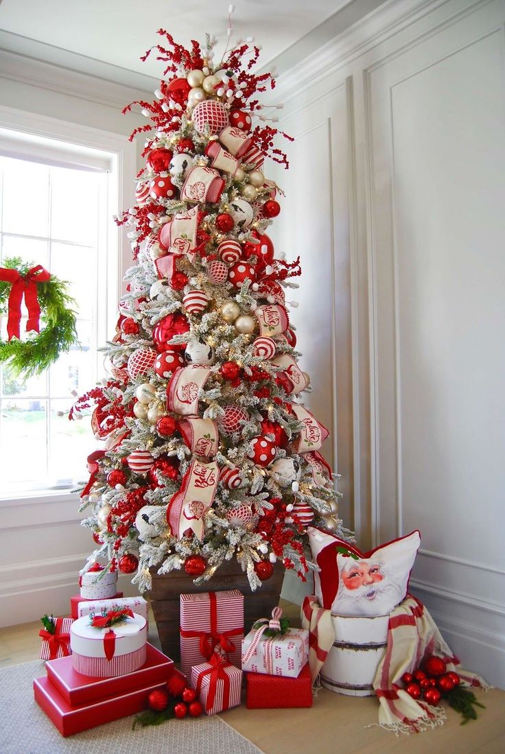 a christmas tree decorated with red and white ornaments