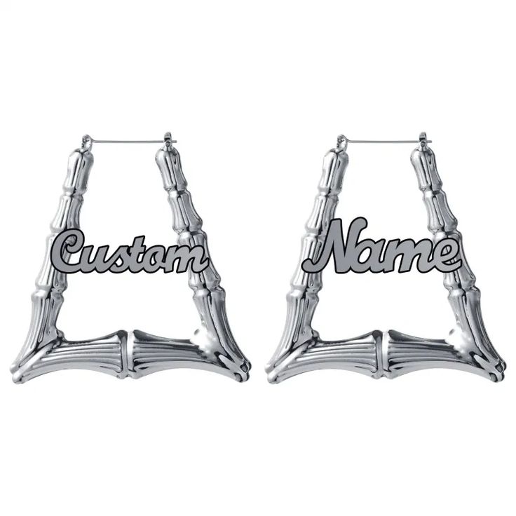 Bamboo Trapezoid Hoop Earrings | Custom Jewelry | Beceff Elegant Personalized Silver Hoop Earrings, Personalized Silver Metal Hoop Earrings, Elegant Custom Name Hoop Earrings, Customized Silver Earrings For Anniversary, Custom Name Silver Hoop Earrings As A Gift, Customized Silver Hoop Earrings, Elegant Customizable Earrings For Personalized Gift, Customized Silver Round Earrings, Personalized Metal Hoop Earrings For Anniversary