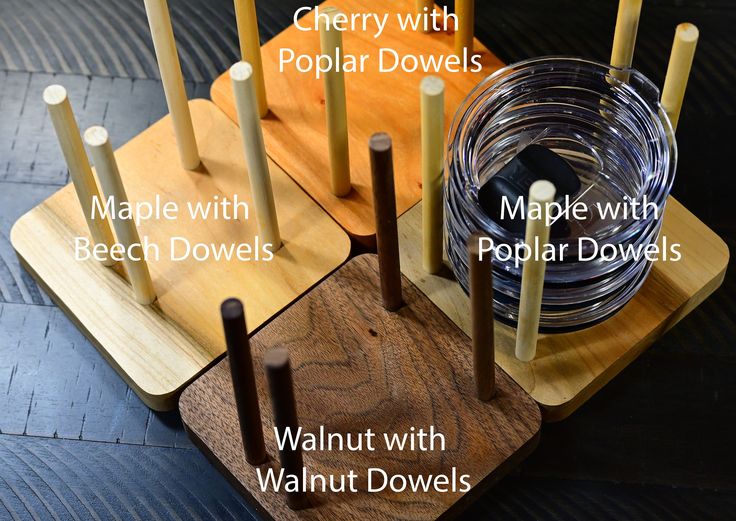 four different wooden dowels are shown with their names on the top and below them