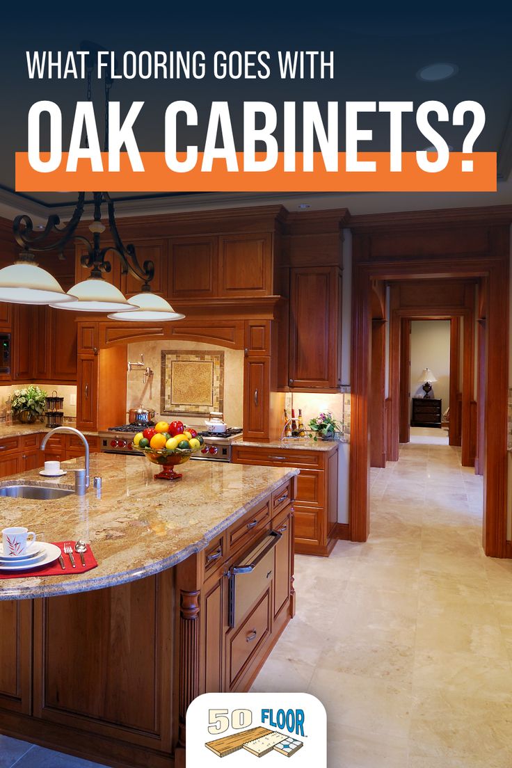 a large kitchen with wooden cabinets and marble counter tops is featured in the magazine what flooring goes with oak cabinets?