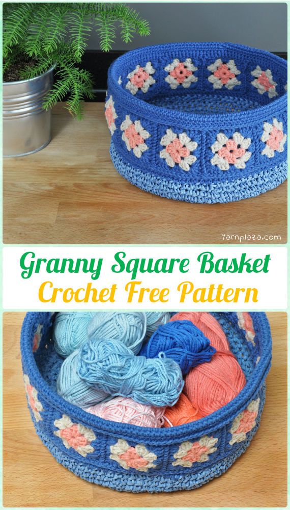 granny square basket crochet free pattern with flowers and leaves on the bottom, along with text that reads granny square basket crochet free pattern