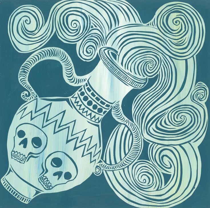 a blue and white drawing of a skull with wavy hair