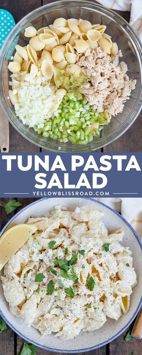 tuna pasta salad in a bowl with lemons and parsley