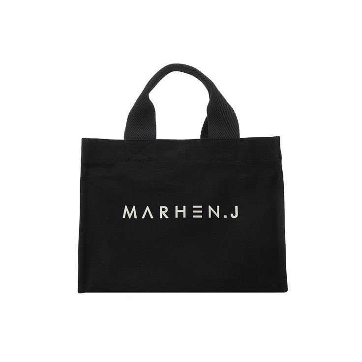 a black tote bag with the word marhenj printed in white on it