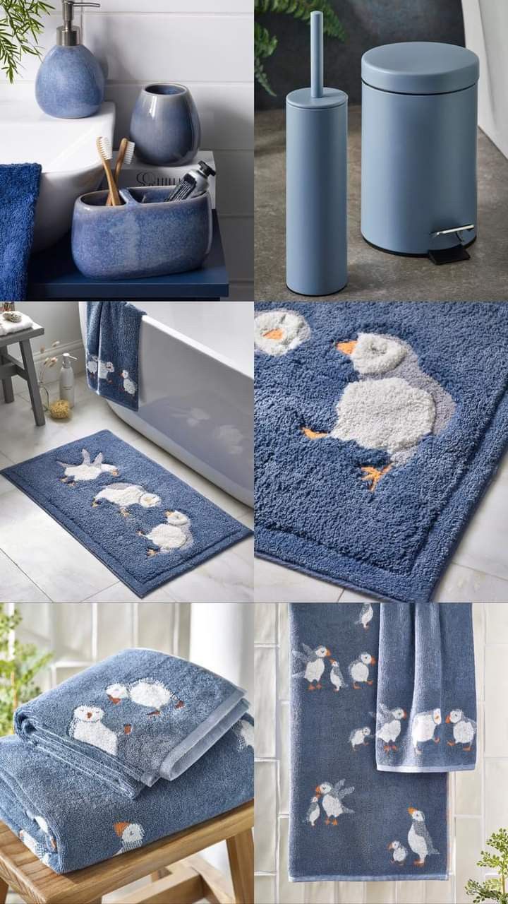 blue bathroom accessories and rugs in various pictures