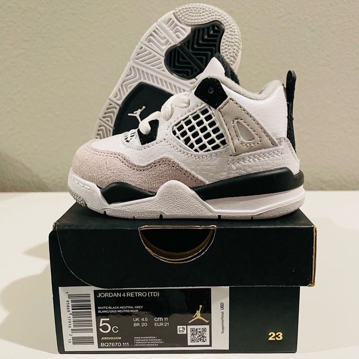 Jordan 4 Retro (Td), Size 5, White Black Neutral Grey (Military Black), Like New, Never Worn, Box Pictured Not Available Shoes Jordan 4s, Black Toddler Shoes, Nike Air Jordan 5, Jordan 4s, Black Jordans, Shoes Jordan, Navy Baby, Jordan 12 Retro