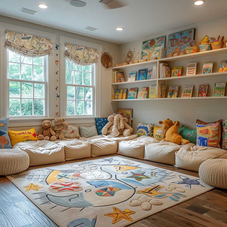 a living room filled with lots of stuffed animals