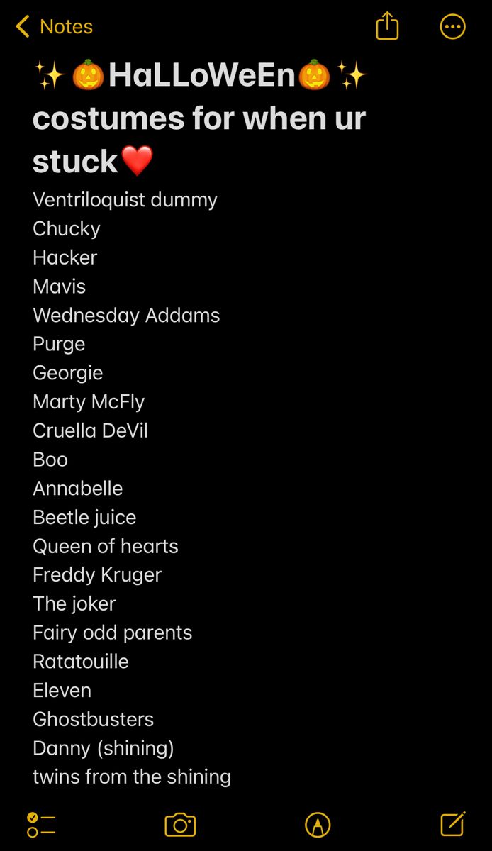 the halloween costume list is displayed in this screenshoter's phone screen shot