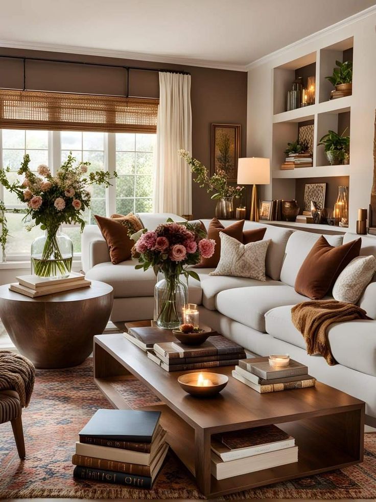 a living room filled with lots of furniture and flowers on top of a coffee table