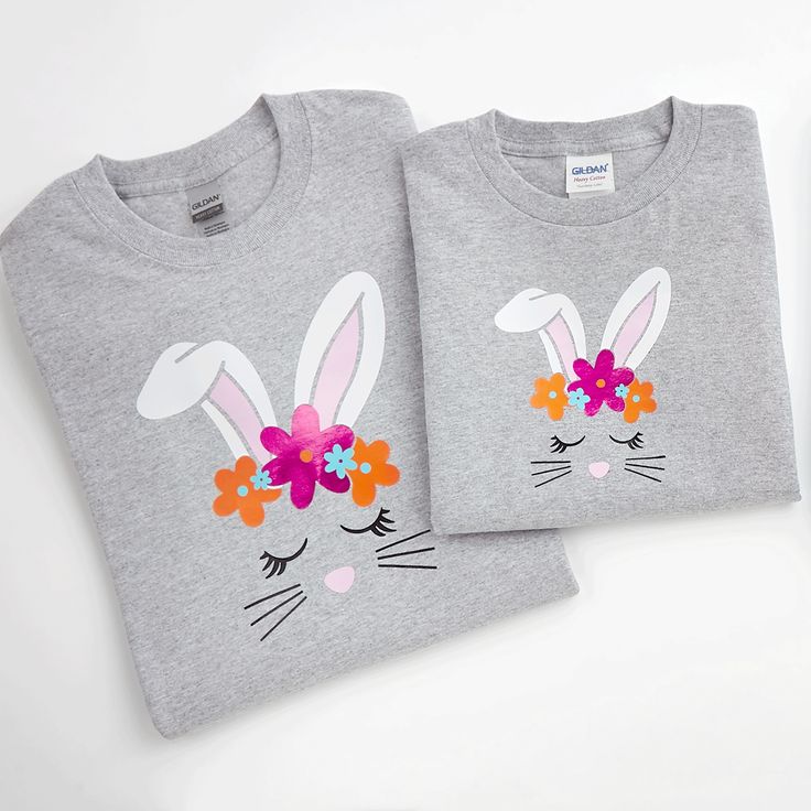 two t - shirts with bunny ears and flowers on them