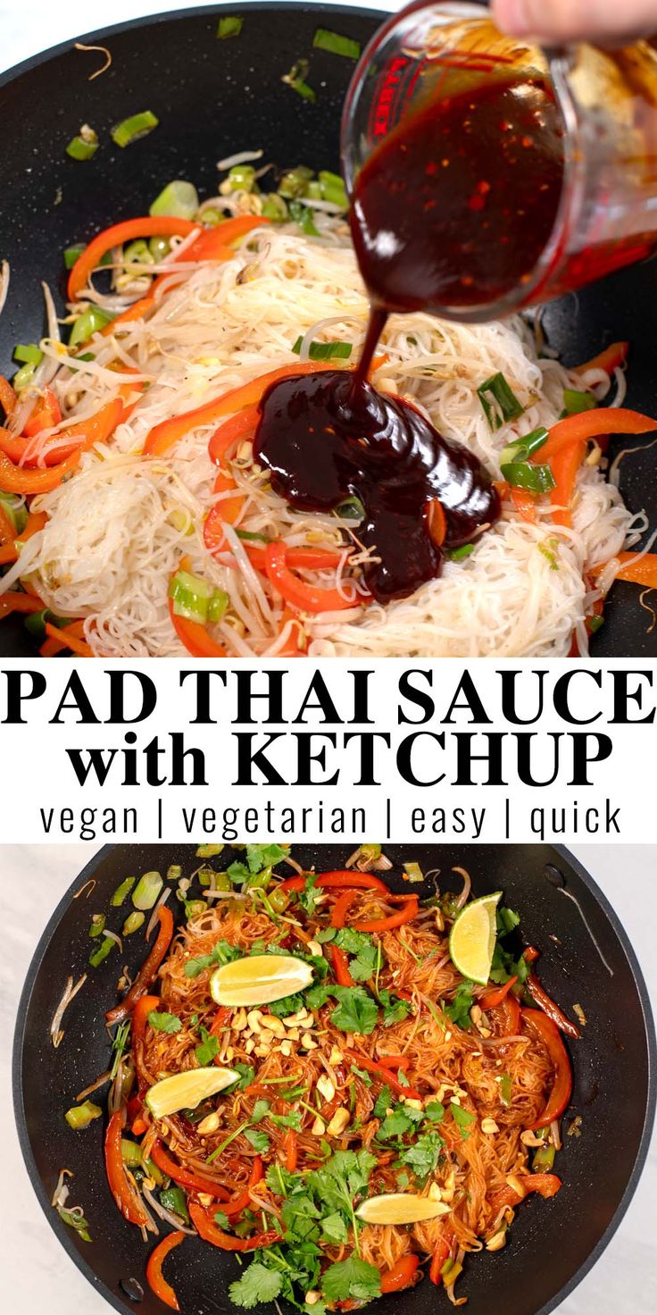 pad thai sauce with ketchup is being poured over the vegetables