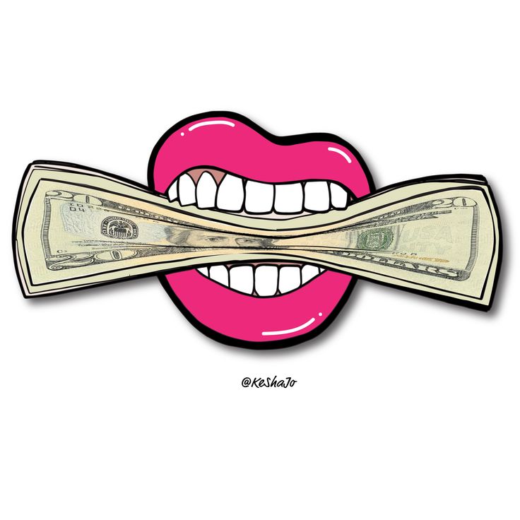 a pink lips with money sticking out of it's mouth and the word cash on top