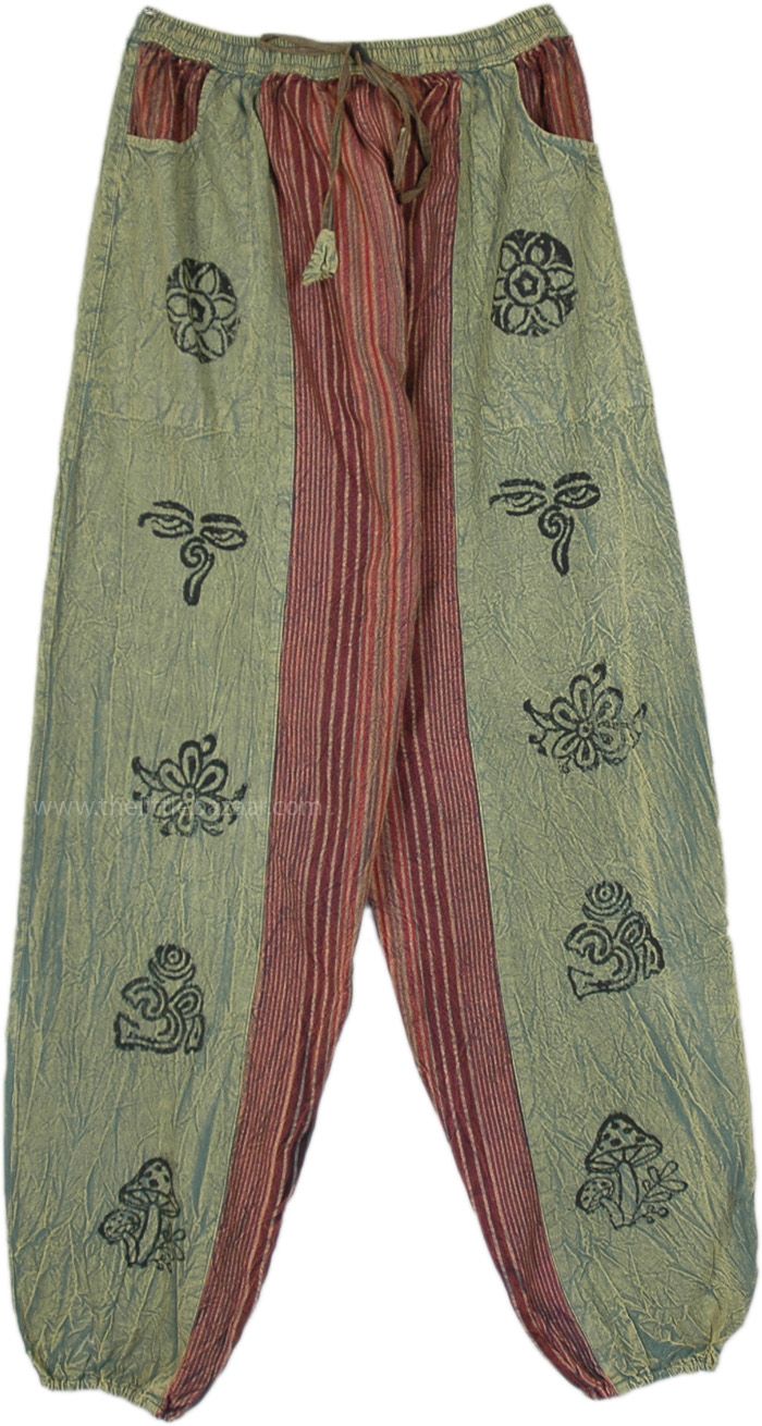 These casual short stonewashed pants are perfect for showing your boho fun side! They make for a comfy partner with a drawstring elastic waist, elastic ankle cuff, and pockets.  The yoga pants are highlighted by spiritual symbols of "Om," the primordial sound of the universe, and by the "chakra" and goddess's-eye hand stamps on the front of either leg. #tlb #SplitSkirtsPants #Stonewash #Pocket #Yoga #vacationclothing #bohemianfashion #CottonHaremPants #TallPants #TallBohoPants #HippiePantsforLon Bohemian Style Yoga Pants With Pockets For Festivals, Green Bohemian Bottoms With Relaxed Fit, Casual Relaxed Fit Yoga Pants For Festival, Green Bohemian Relaxed Fit Harem Pants, Casual Beach Bottoms For Festivals, Bohemian Style Pants With Pockets For Meditation, Hippie Green Bottoms With Elastic Waistband, Green Hippie Bottoms With Elastic Waistband, Bohemian Cotton Yoga Pants