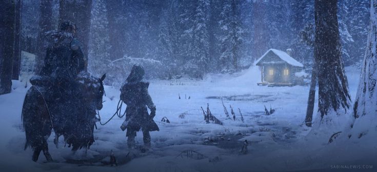 two people are standing in the snow near trees and a small cabin with a light on