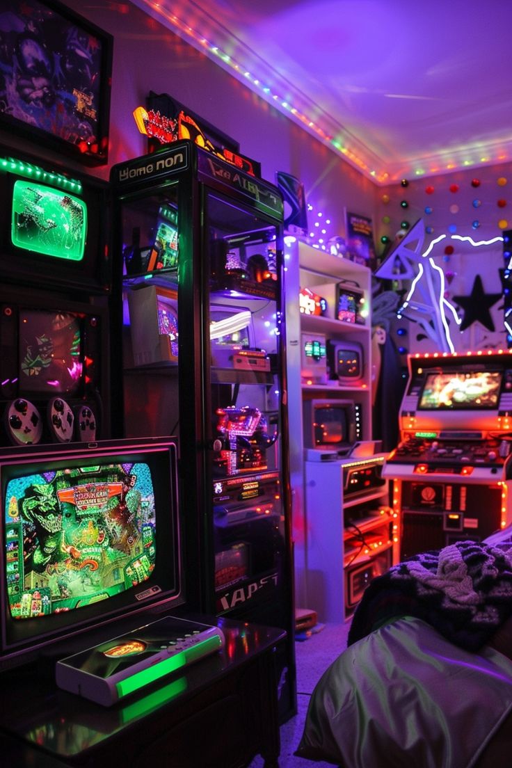 a room filled with video games and neon lights