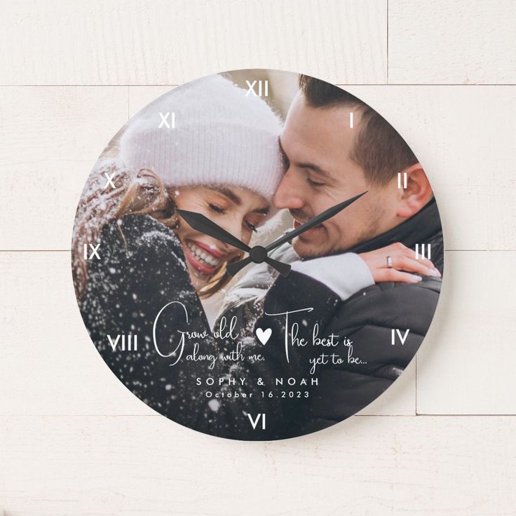 a personalized clock with a couple's photo on the front and back side