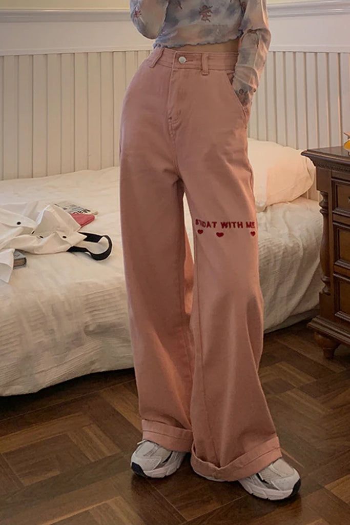 Trendy Cotton Bottoms With Letter Print, Pink Full-length Cotton Jeans, Pink Cotton Pants For Fall, Stretch Cotton Pants With Letter Print, Trendy Embroidered Pants For Fall, Trendy Embroidered Straight Leg Pants, Trendy Embroidered Cotton Pants, Baggy Cotton Bottoms With Letter Print, Baggy Embroidered Cotton Bottoms