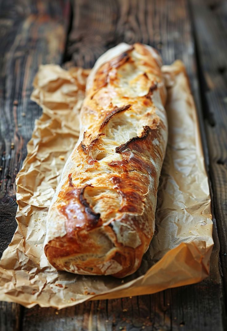 a long loaf of bread sitting on top of a piece of waxed parchment paper