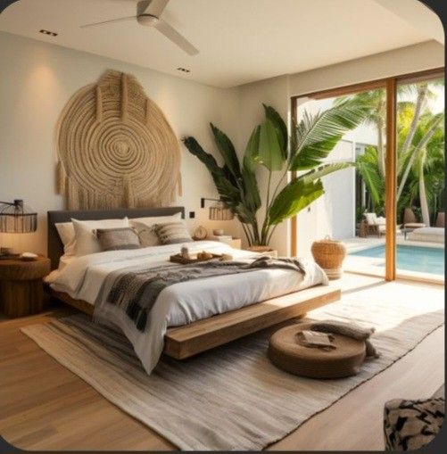 a bedroom with a large bed next to a swimming pool in the middle of it