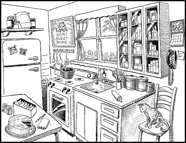 a black and white drawing of a kitchen