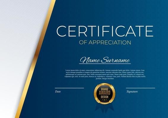 a blue certificate with gold trimmings on it