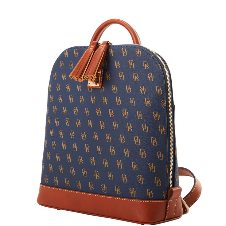 A Mini Monogram Moment  This classic backpack, crafted from lightweight textured Italian coated cotton, will take all your essentials on the go in style. Flap Backpack, Tan Cowhide, Summer Tote, Satchel Tote, Navy Fashion, Classic Backpack, Dooney And Bourke, Dooney Bourke Handbags, Dooney & Bourke