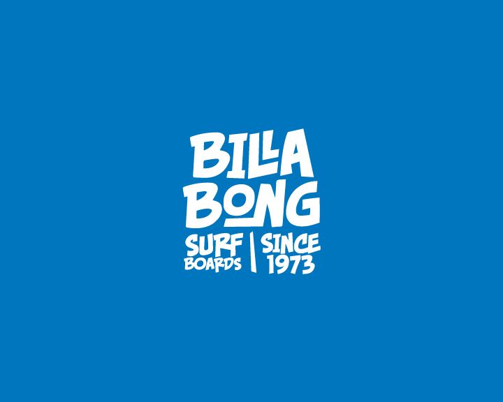 the billa bong surf logo is shown in white on a bright blue background