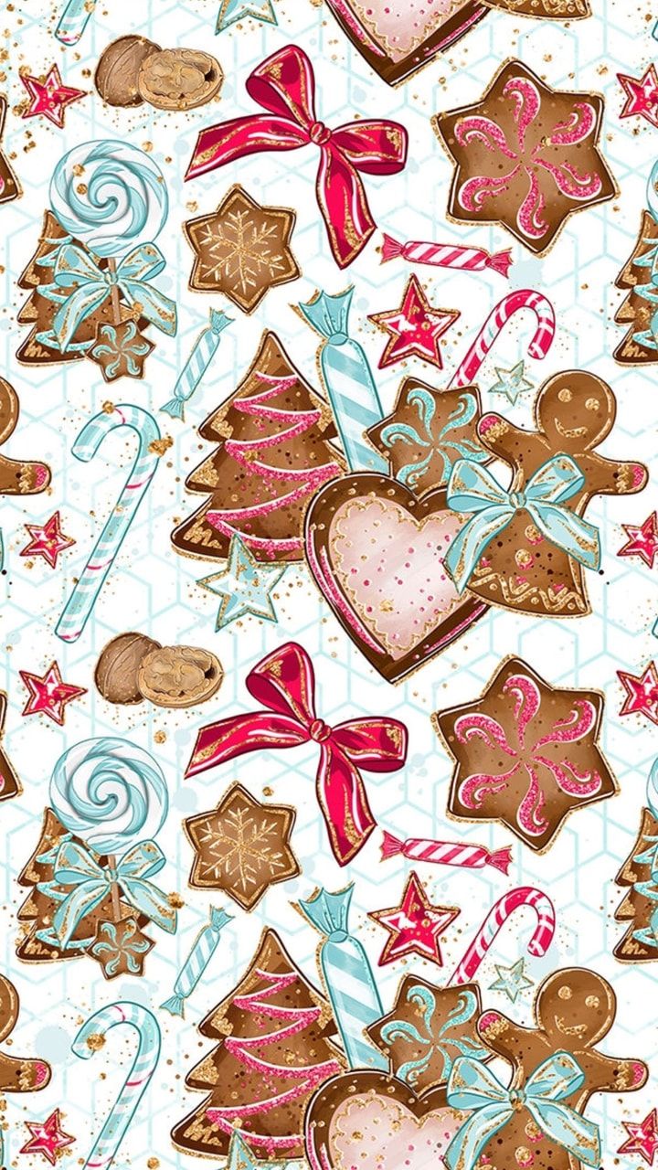 christmas cookies and candies on a white background with snowflakes, candy canes and stars