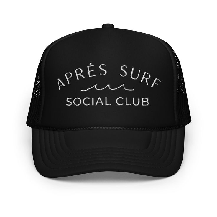 Introducing our "Apres Surf Social Club" Trucker Hat, the perfect accessory for those who love to hit the waves and unwind with good company afterward. Crafted with premium quality materials, this trucker hat combines style, comfort, and functionality seamlessly.Whether you're cruising down the coastline or kicking back at your favorite beachside hangout, this hat is designed to keep you looking cool and feeling relaxed. The classic trucker style offers a breathable mesh back, ensuring optimal v Trucker Hat Black, White Embroidery, Social Club, Good Company, Trucker Hat, Surfing, Premium Quality, Mesh, Hats