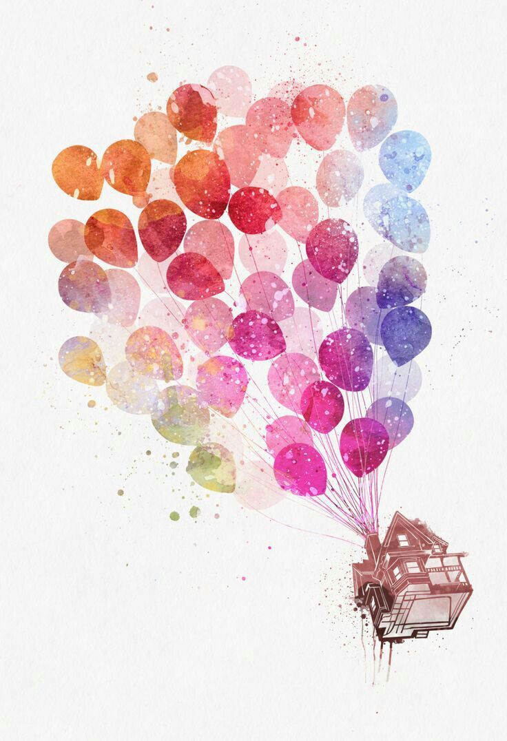 a bunch of balloons floating in the air with watercolor splashes on it's side