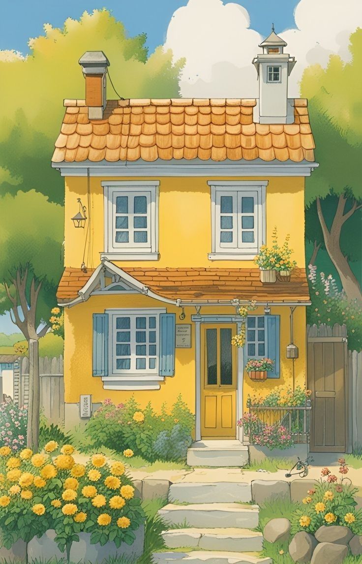 a painting of a yellow house with steps leading up to it