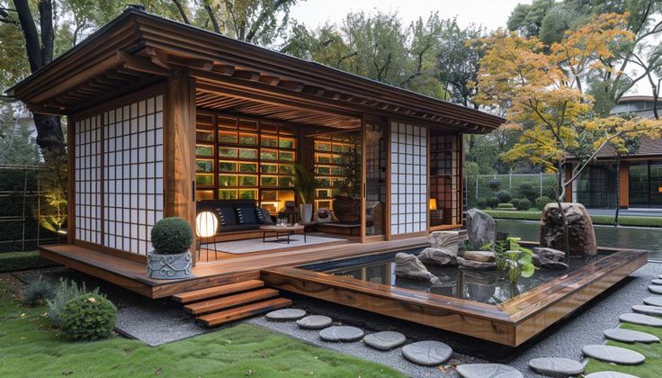 a japanese style house with a pond in the middle