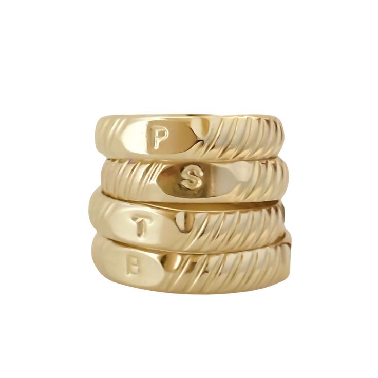 Our initial signet ring is an everyday staple, personalized. It is the perfect piece to showcase yourself or someone you love. This ring is designed with an etched gold band and an initial centerpiece. 14k gold filled Band width: 3 mm Made to order. Please allow 7 business days for processing. Gold Stackable Rings With Initials For Everyday, Everyday Gold Stackable Rings With Initials, Classic 14k Gold Stackable Rings With Initials, Classic Personalized 14k Gold Midi Rings, Everyday Engraved Yellow Gold Stackable Rings, Personalized Gold Initial Ring With Round Band, Gold Stackable Initial Ring For Everyday, Everyday Gold Stackable Initial Ring, Everyday Yellow Gold Signet Ring With Initials