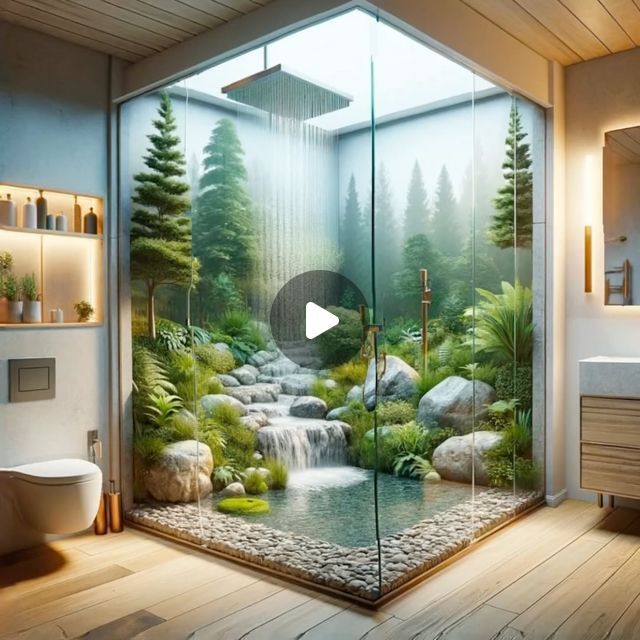 a bathroom with a glass shower door and waterfall in the center, surrounded by greenery