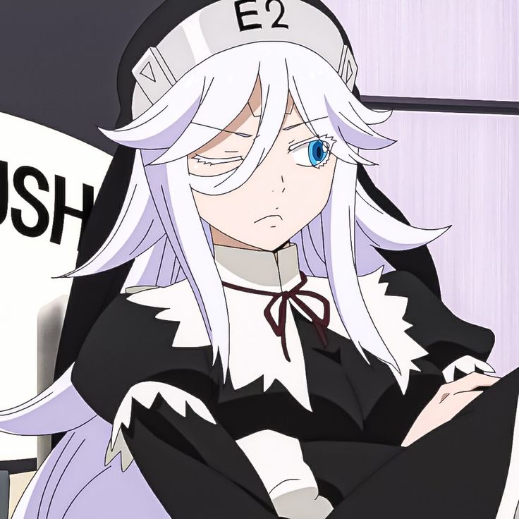 an anime character with long white hair and blue eyes wearing a black outfit, standing in front of a sign