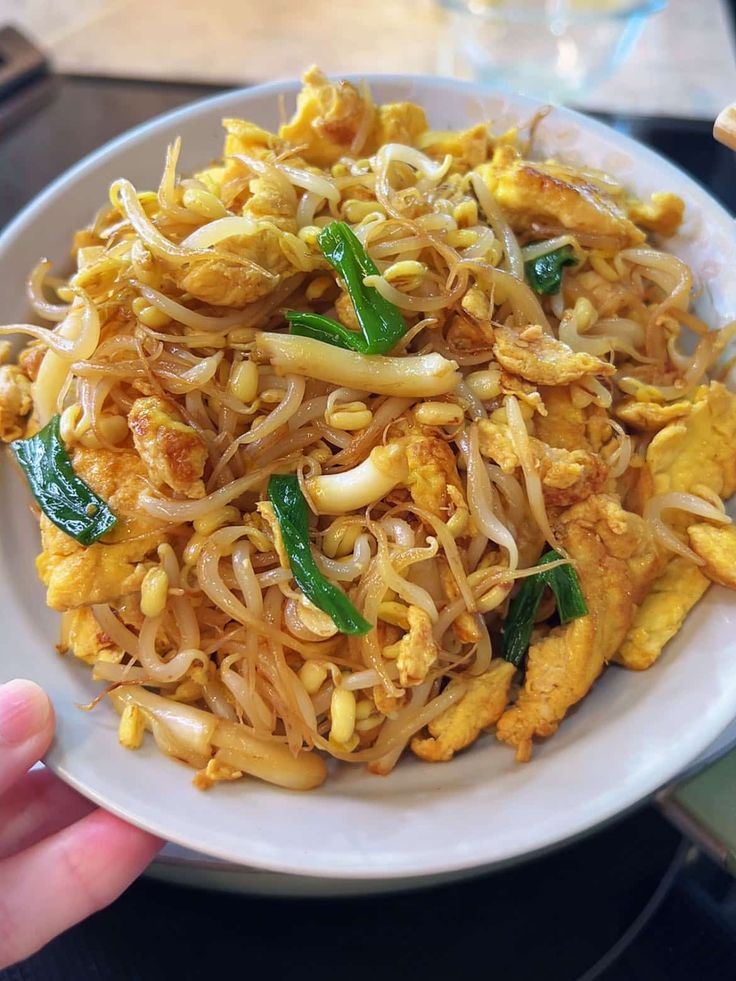 someone is holding a plate with noodles and vegetables