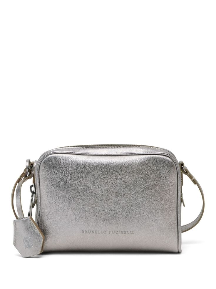 silver tone grey leather grained texture embossed logo to the front adjustable shoulder strap top zip fastening main compartment internal logo patch logo tag This item is in size UNI and the color is Silver Boston Style, Bag Silhouette, Type Logo, Bold Type, Leather Shoulder Handbags, Strap Top, Strap Tops, Embossed Logo, Metallic Leather