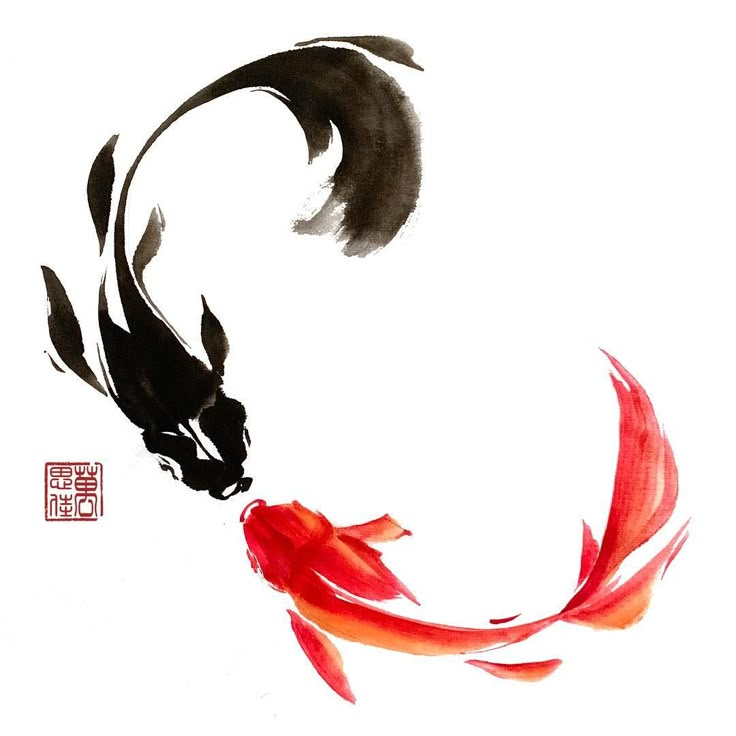 a painting of a koi fish with its tail curled up in the air by itself