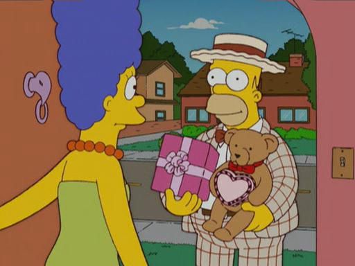 the simpsons is holding a teddy bear and giving it a gift to someone else in front of him