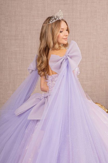 Quinceañera | Lilac Jewel Glitter Quince Dress Ballgown with Long Mesh Sleeveless Ball Gown With Bow For Pageant, Sleeve Straps, Ribbon Embellishments, Long Ball Gown, Dress Quinceanera, Butterfly Applique, Flower Girl Accessories, Quince Dress, Ribbon Dress