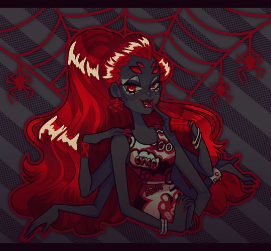 a drawing of a woman with red hair and fangs on her face, sitting in front of a spider web