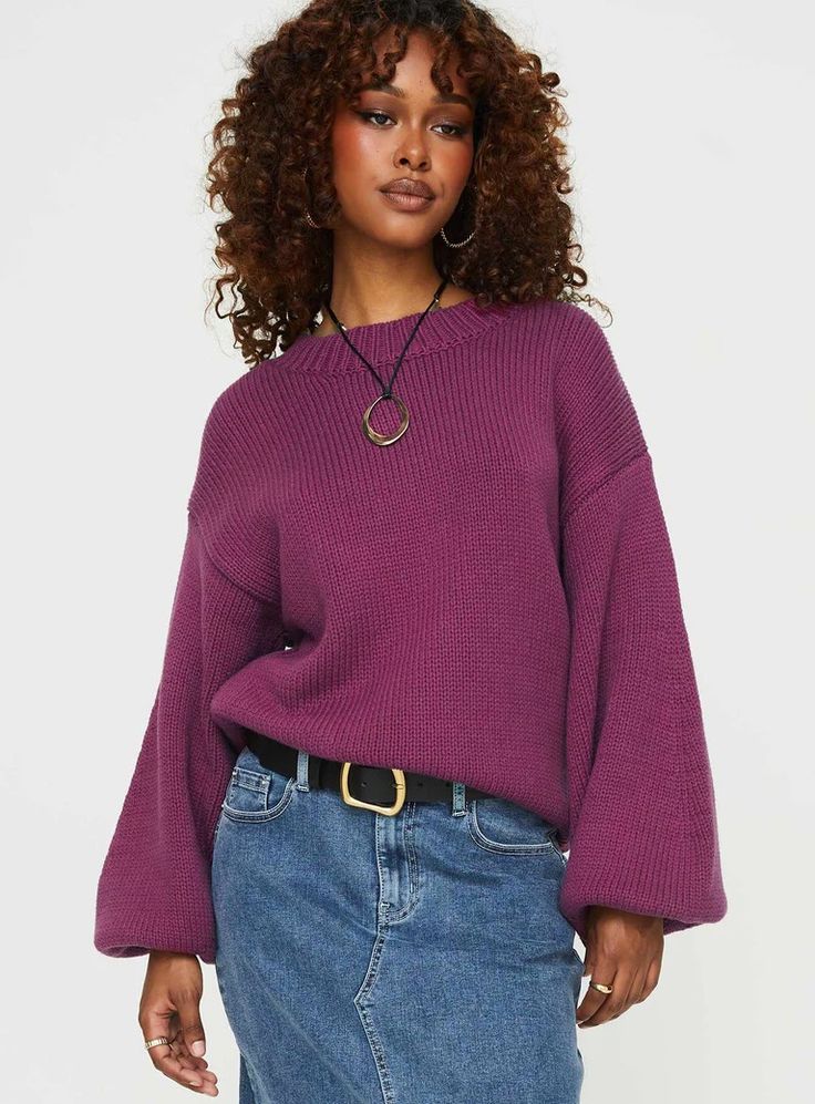 Harmony Knit Sweater Burgundy Purple Sweater Outfit, Balloon Sleeve Sweater, Purple Fits, Friday Outfit, Dream Closets, Purple Outfits, Sweater Oversized, Fall Clothes, Burgundy Sweater